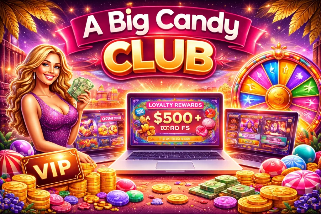 A Big Candy Club banner featuring colorful casino games, VIP rewards, slot machines, spinning wheel, and loyalty bonuses in a vibrant online casino environment.