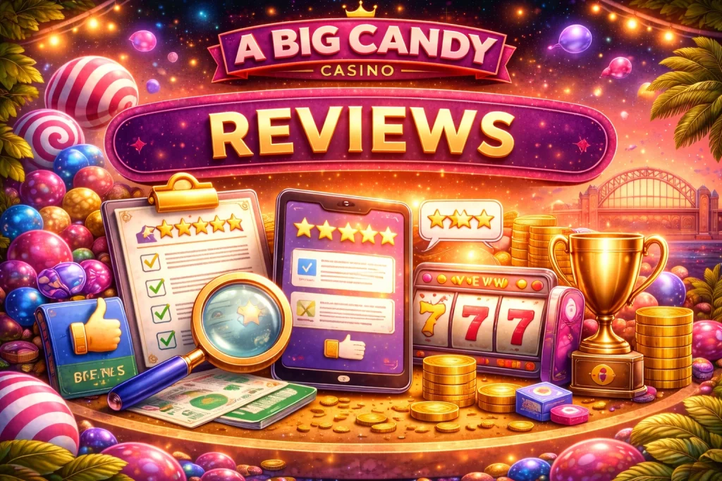 A Big Candy Reviews banner with colorful candy themed casino background, rating stars, slot machine, trophy and gold coins
