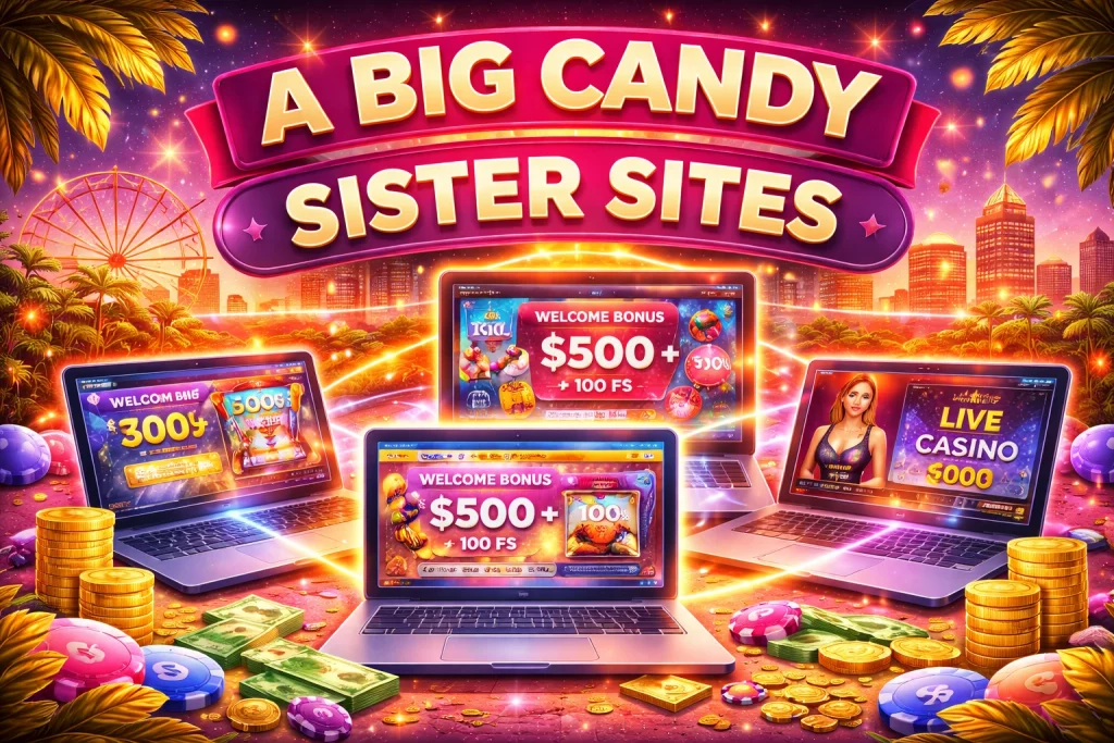 A Big Candy Sister Sites banner showing colorful online casino platforms, connected laptops, bright slot graphics, casino chips and coins promoting related casino websites.