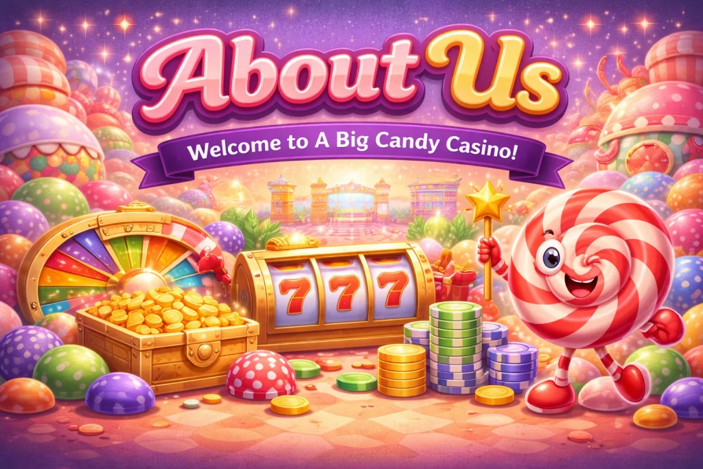 About Us banner for A Big Candy Casino featuring colorful candy-themed casino elements, slot machine, roulette wheel, gold coins, and playful candy mascot.
