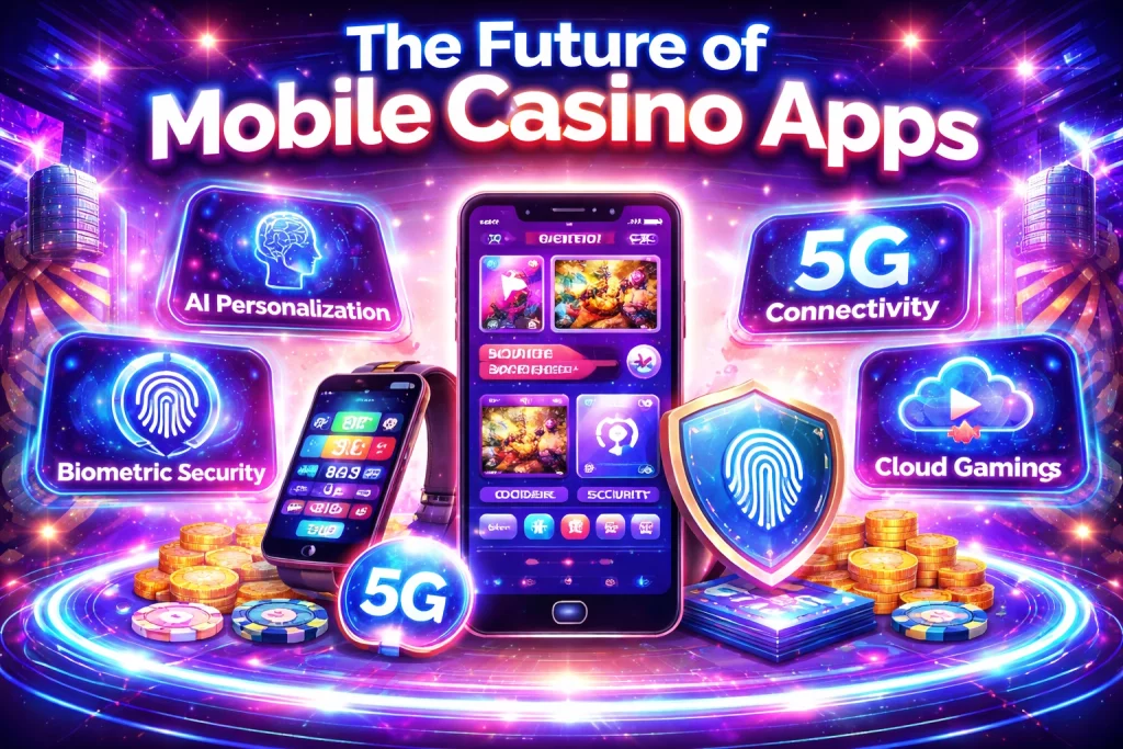 A Big Candy App banner showing futuristic mobile casino interface with smartphone, AI features, biometric security, and 5G gaming technology.