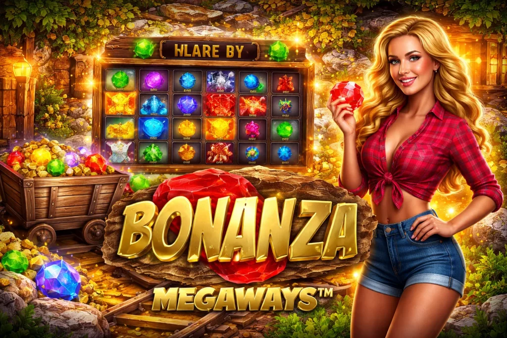 Horizontal Bonanza Megaways slot banner featuring gold mining theme, gemstone reels, cascading symbols, mine cart with jewels, glowing gold coins, and dynamic gameplay highlighting multipliers and Megaways mechanics