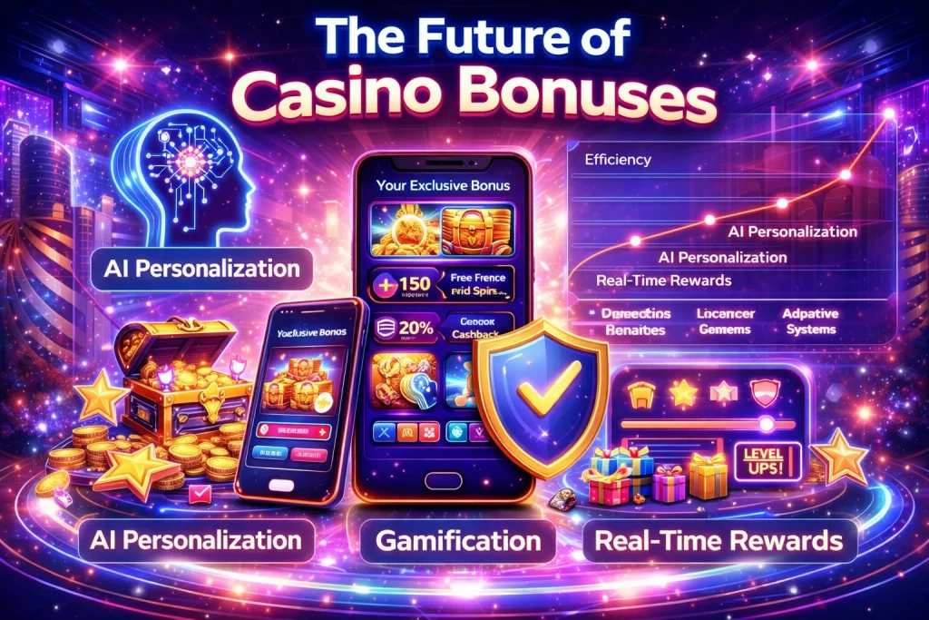 A Big Candy Bonus banner showing futuristic casino rewards, AI personalization, free spins, cashback offers, and mobile gaming interface