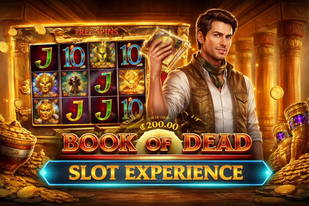Horizontal Book of Dead slot banner featuring Egyptian temple setting, explorer character holding a glowing book, golden reels with symbols, free spins feature, coins, and immersive casino atmosphere highlighting high-impact gameplay