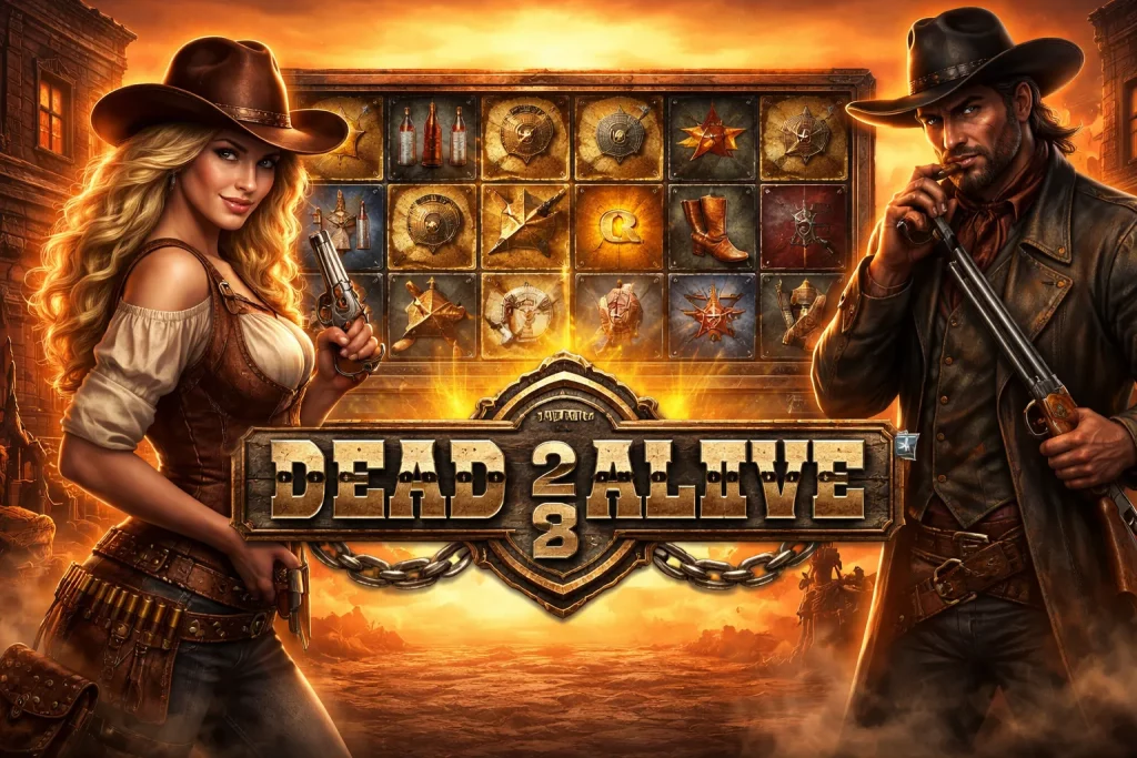 Horizontal Dead or Alive 2 slot banner featuring Wild West setting, cowboy and cowgirl characters, golden sunset background, slot reels with symbols, sticky wild feature, and high-volatility gameplay atmosphere