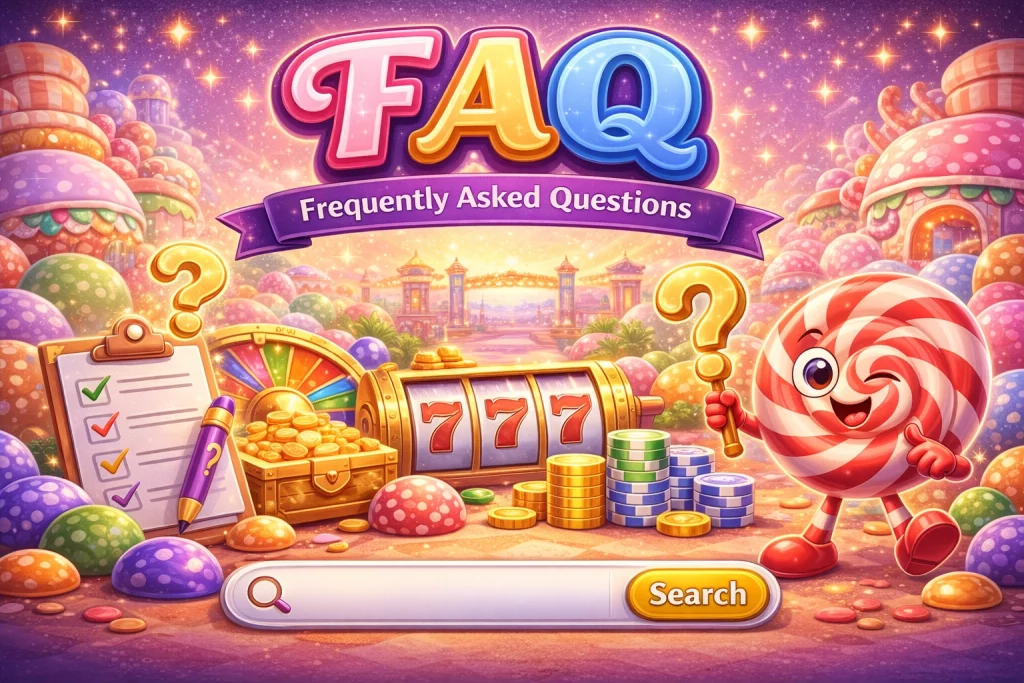FAQ banner for A Big Candy Casino with colorful candy-themed casino design, slot machine, gold coins, chips, and candy mascot with question marks.