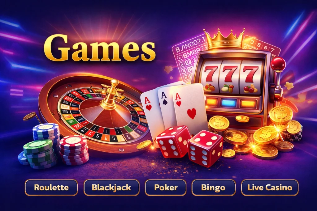 A Big Candy Games banner with roulette, blackjack, poker, bingo and live casino elements in a colorful online casino design
