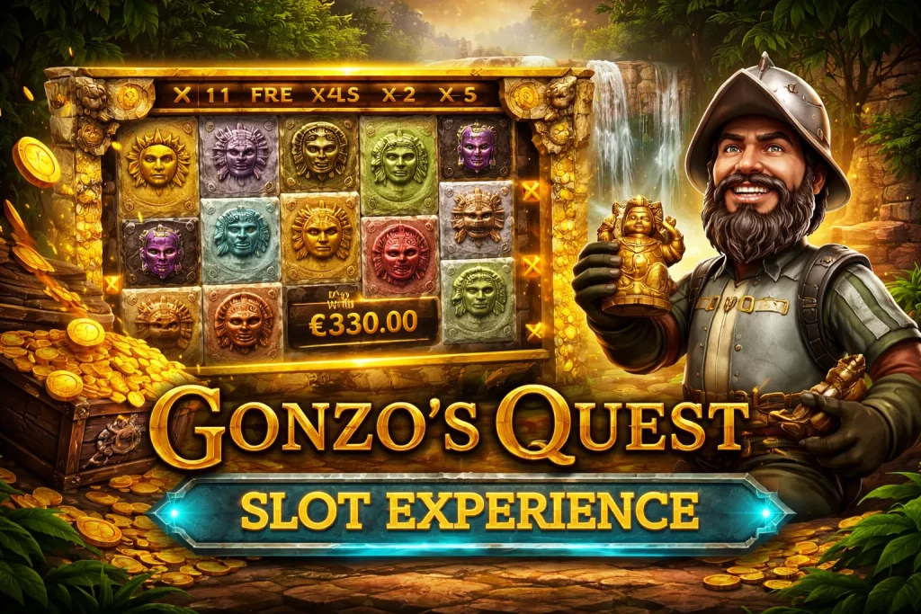 Horizontal Gonzo’s Quest slot banner featuring jungle temple setting, explorer character, cascading stone reels with symbols, gold coins, waterfall background, and dynamic avalanche gameplay highlighting free falls and multipliers