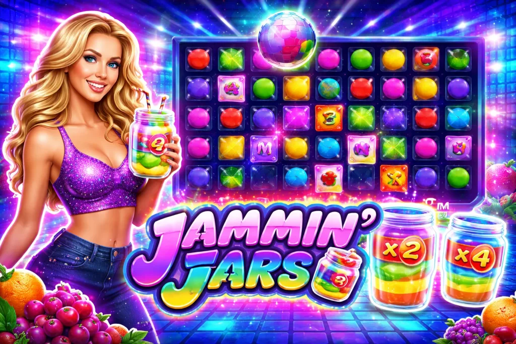 Horizontal Jammin’ Jars slot banner featuring colorful fruit grid, moving jar symbols with multipliers, disco-style neon background, cascading clusters, and vibrant dynamic gameplay atmosphere