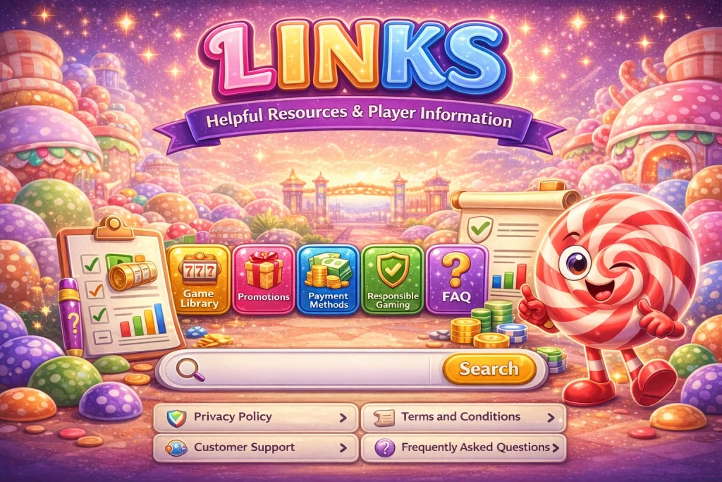 Colorful candy-themed banner illustration for A Big Candy Casino Links page featuring bright sweets, casino icons, navigation buttons, and the word “LINKS” in a vibrant fantasy candy landscape.