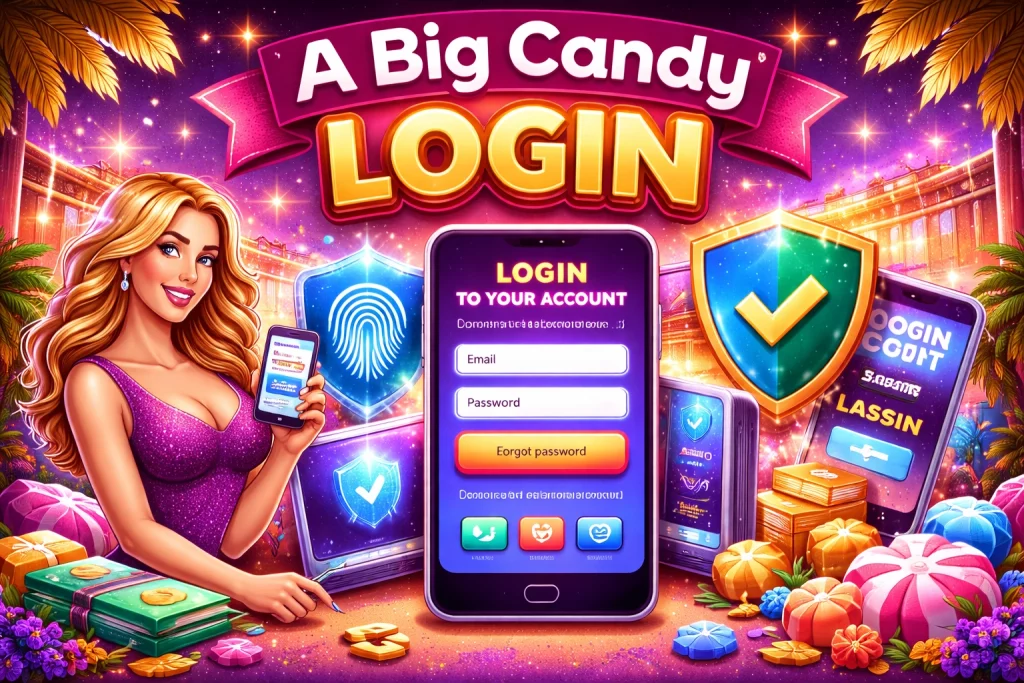 A Big Candy Login banner showing secure casino account access, mobile login screen, password fields, security icons, and vibrant online gaming visuals.