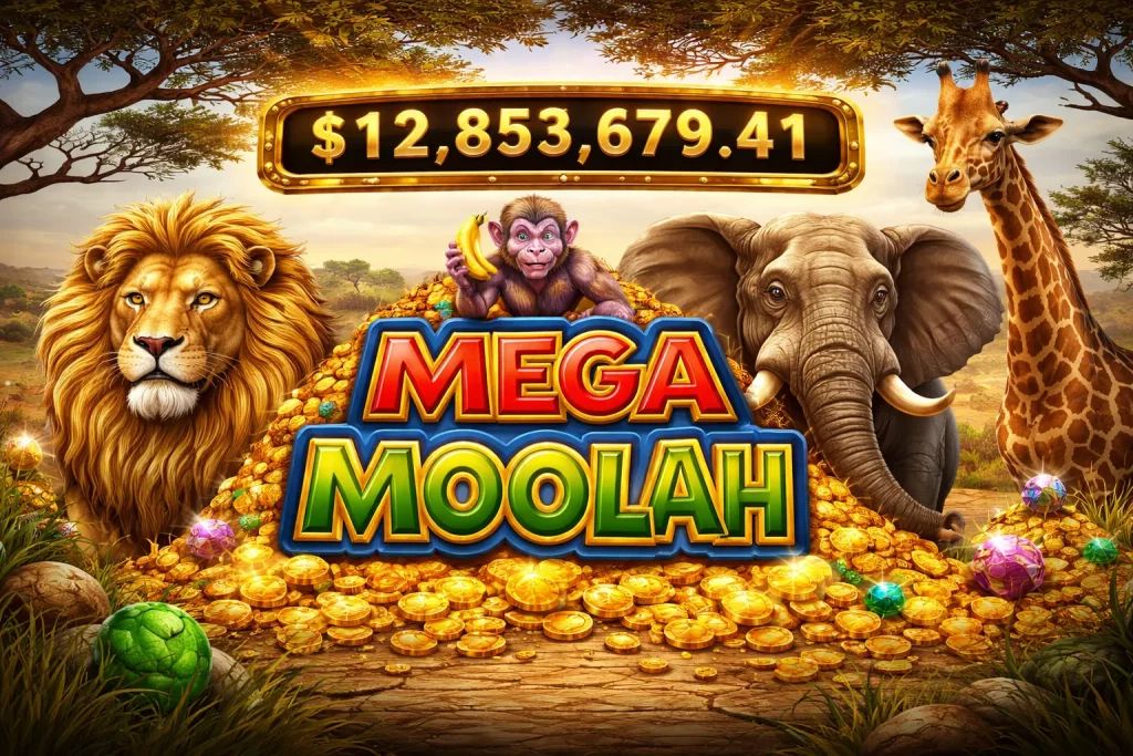 Horizontal Mega Moolah slot banner featuring African safari theme with lion, elephant, giraffe and monkey characters, massive progressive jackpot display, gold coins and gems, and high-value jackpot gameplay atmosphere