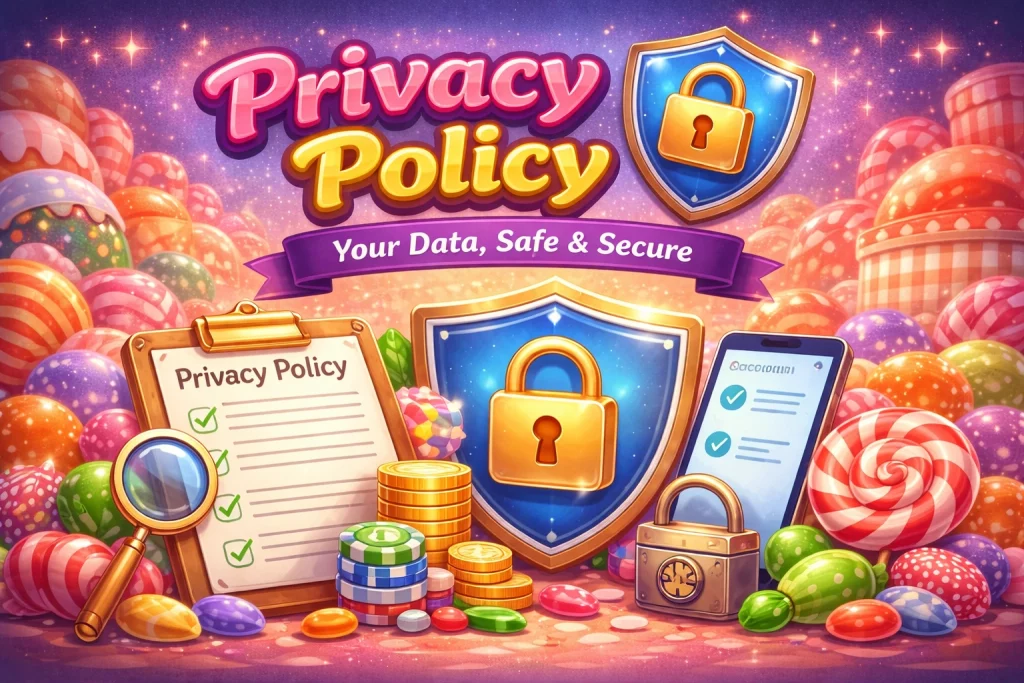 Privacy Policy banner for A Big Candy Casino with colorful candy-themed design, security shield, padlock icons, and online casino elements.