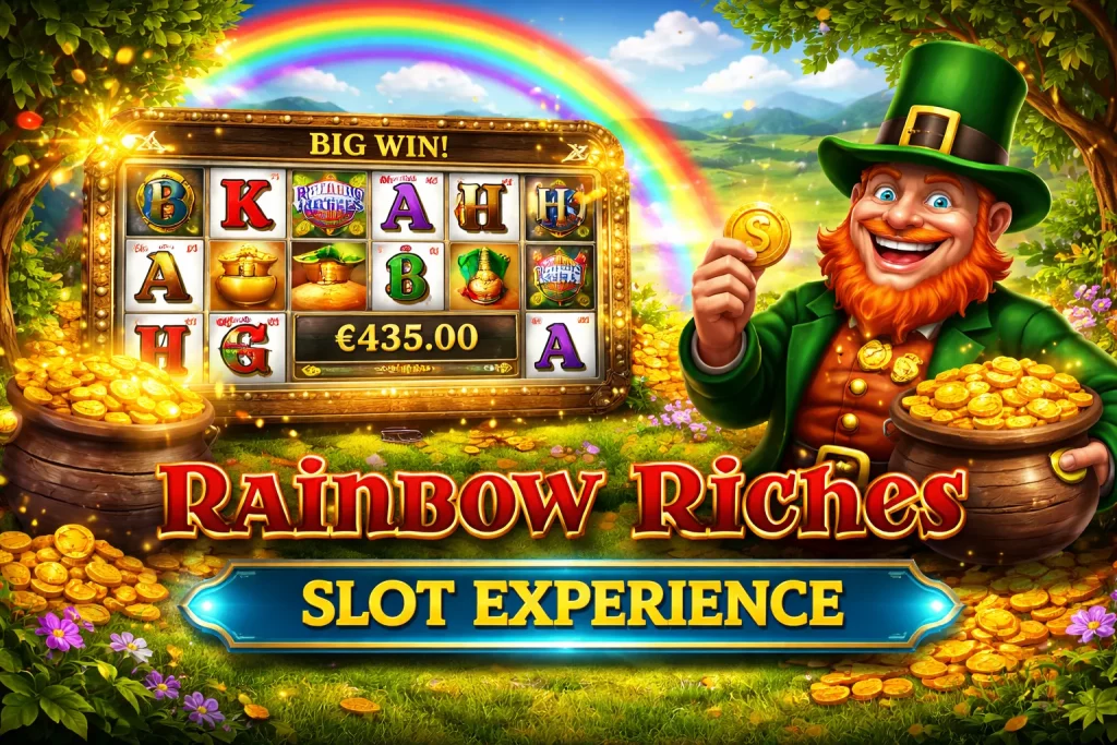 Horizontal Rainbow Riches slot banner featuring a cheerful leprechaun, rainbow landscape, gold coins, pot of gold, and slot reels with symbols, highlighting bonus features and colorful casino gameplay
