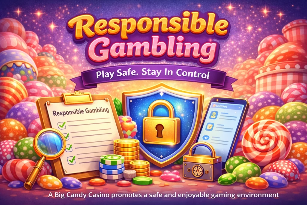 Responsible Gambling banner for A Big Candy Casino with colorful candy-themed design, security shield, checklist, and casino chips promoting safe play.