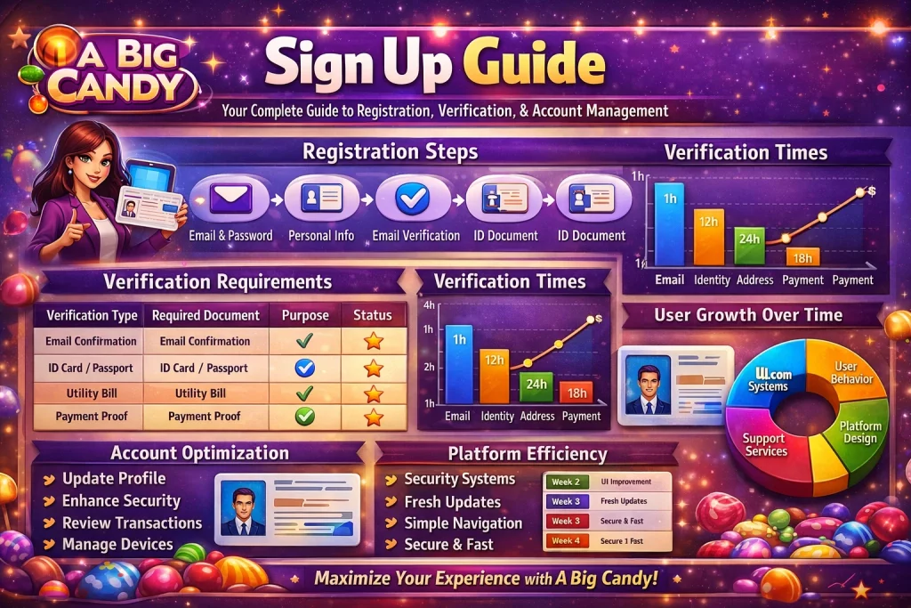 A Big Candy Sign Up Guide banner showing registration steps, verification process, and account setup for casino platform
