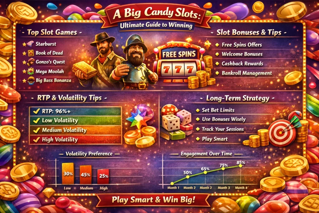 A Big Candy Slots banner featuring popular slot games, bonuses, RTP tips, and winning strategies in a colorful casino style