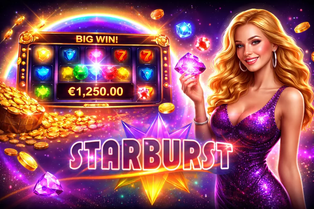 Starburst slot gameplay banner with neon gem reels, expanding wild feature, colorful symbols, and smooth casino interface at A Big Candy Casino