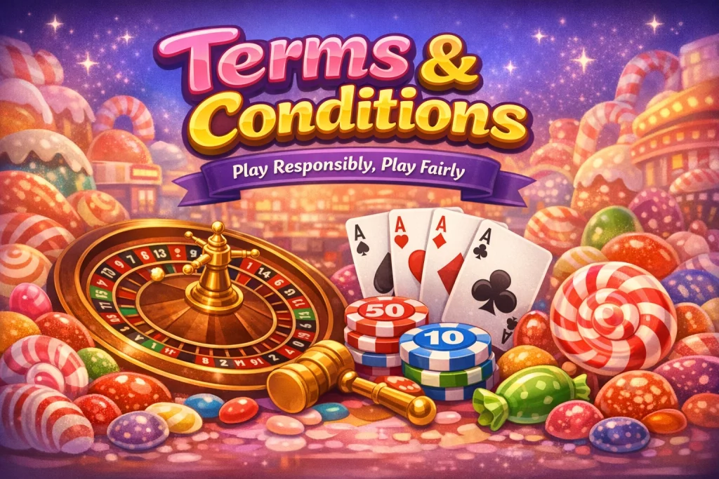 Terms and Conditions page banner for A Big Candy Casino with colorful candy-themed casino elements, roulette wheel, playing cards, and chips.