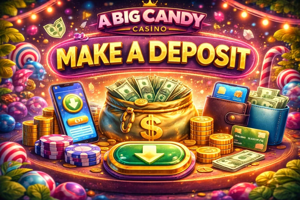 Bright candy-themed casino banner for A Big Candy Casino Make a Deposit page showing coins, poker chips, wallet, smartphone payment, and glowing “Make a Deposit” sign.