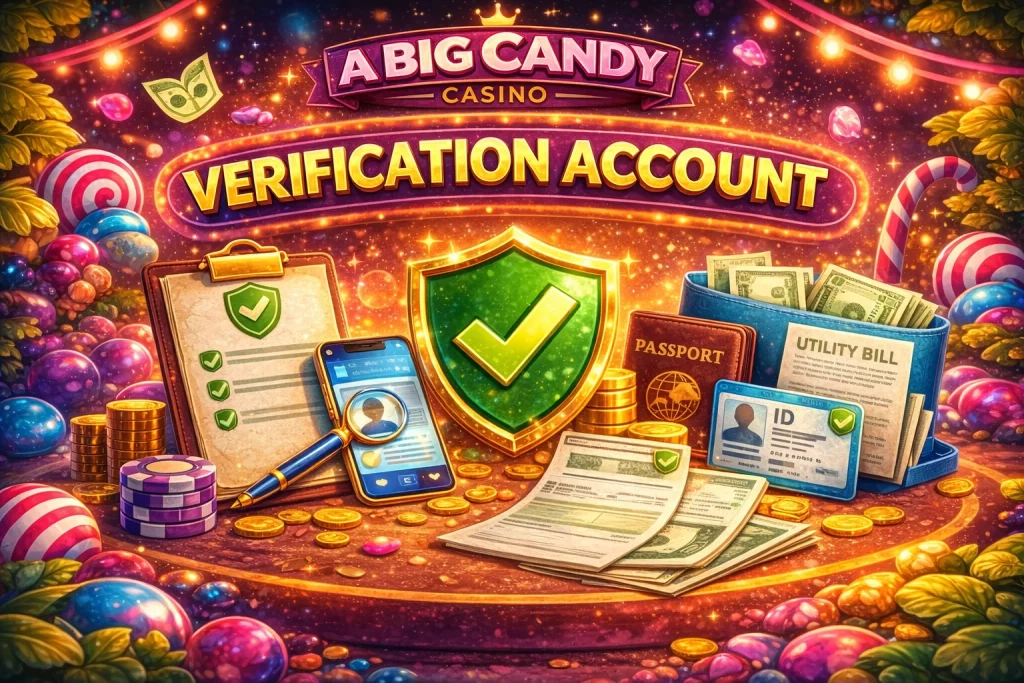 A Big Candy Casino verification account banner with security shield, ID documents, passport and colorful candy themed casino background