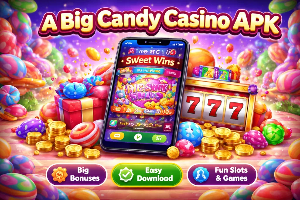 Horizontal A Big Candy Casino APK Android banner featuring a smartphone with casino app interface, colorful candy-themed background, slot machine jackpot, coins, and vibrant gaming elements highlighting mobile gameplay and bonuses