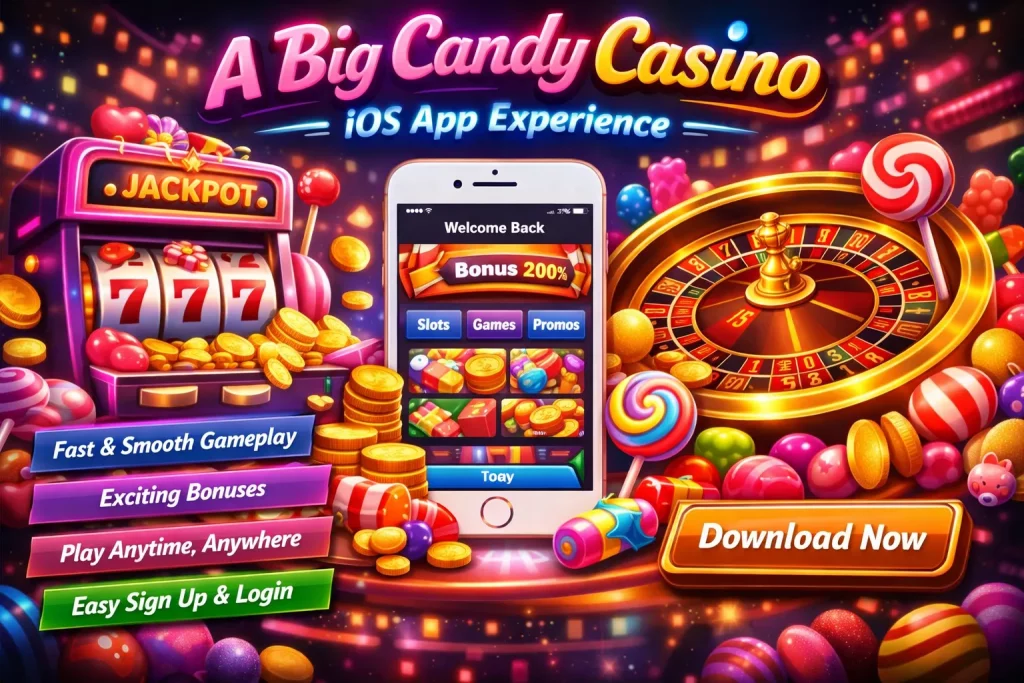 A Big Candy Casino iOS app promotional banner featuring a vibrant candy-themed casino environment with a smartphone displaying the app interface, slot machine jackpot, roulette wheel, colorful sweets, coins, and neon lights highlighting smooth gameplay, mobile casino features, and bonus rewards for players