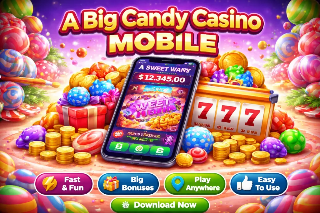 Horizontal A Big Candy Casino mobile banner with smartphone casino interface, candy-themed background, gold coins, slot machine reels, and bright promotional elements highlighting fast mobile gameplay and bonuses.
