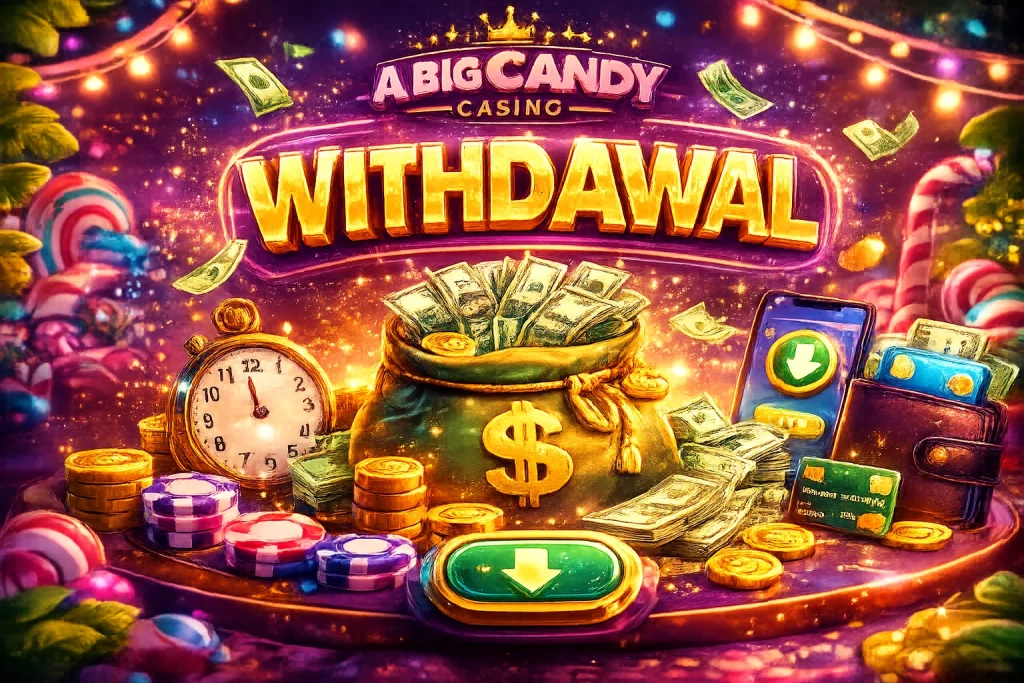 Colorful candy-themed casino banner for A Big Candy Casino Withdrawal page featuring coins, money bag, poker chips, mobile wallet, and bright “Withdrawal” sign with glowing candy decorations.