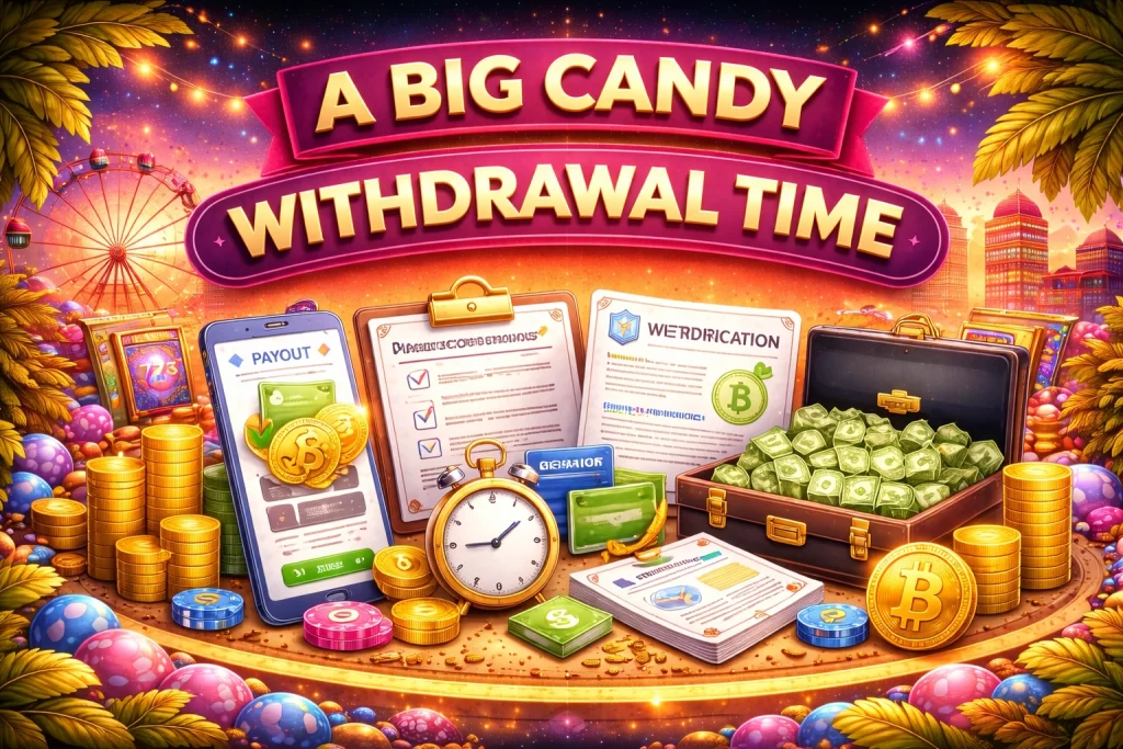 A Big Candy withdrawal time banner with coins, payment icons, smartphone payout confirmation and colorful casino background