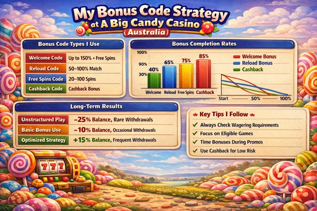 A Big Candy Casino bonus code banner with candy-themed Australian casino visuals and promotional strategy elements.