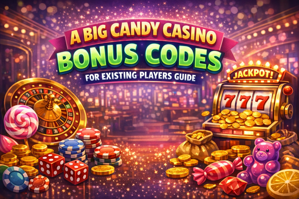 Horizontal A Big Candy Casino bonus codes infographic for existing players, featuring candy-themed visuals, reload and cashback offers, value charts, and strategic player tips.