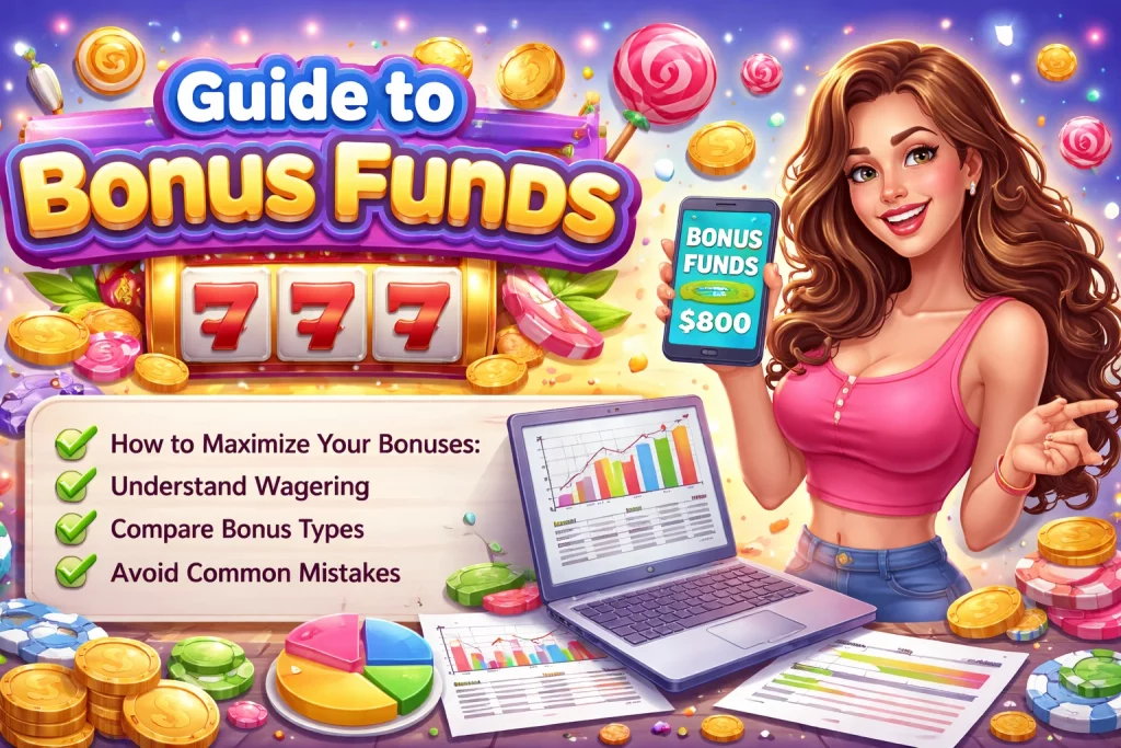A Big Candy Casino bonus funds banner with candy-themed casino visuals, bright bonus coins, sweet promotional elements, and a colorful horizontal gaming design.