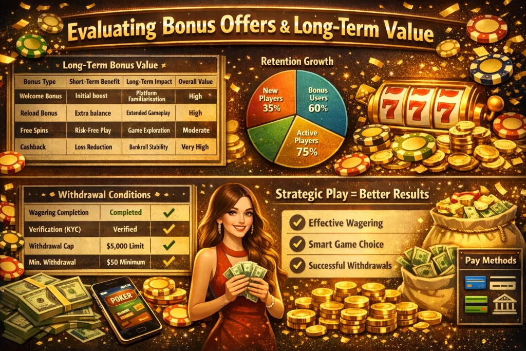 Casino bonus offers infographic showing long-term value, wagering conditions, retention chart, and strategic gameplay tips with gold coins, slots, and promotional elements