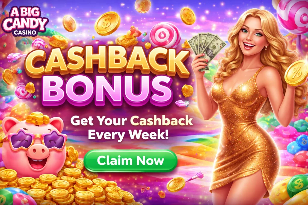 A Big Candy Casino cashback bonus banner with candy-themed casino visuals, gold coins, a glamorous player, and a weekly cashback promotion.