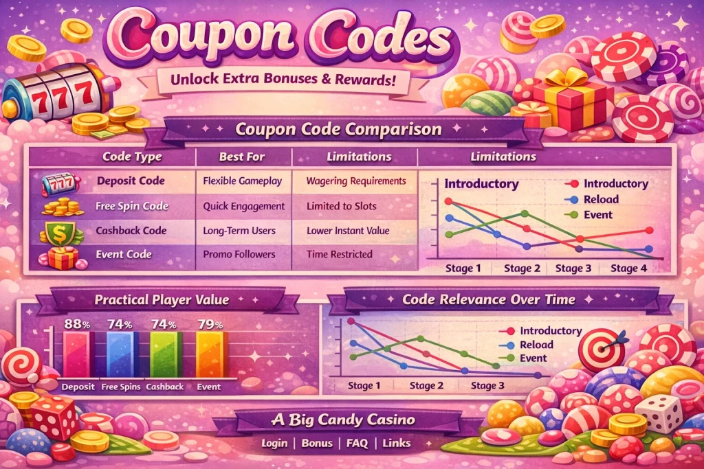 Horizontal A Big Candy Casino coupon code infographic with candy-themed visuals, bonus types, charts, and tips for using casino promo codes effectively.