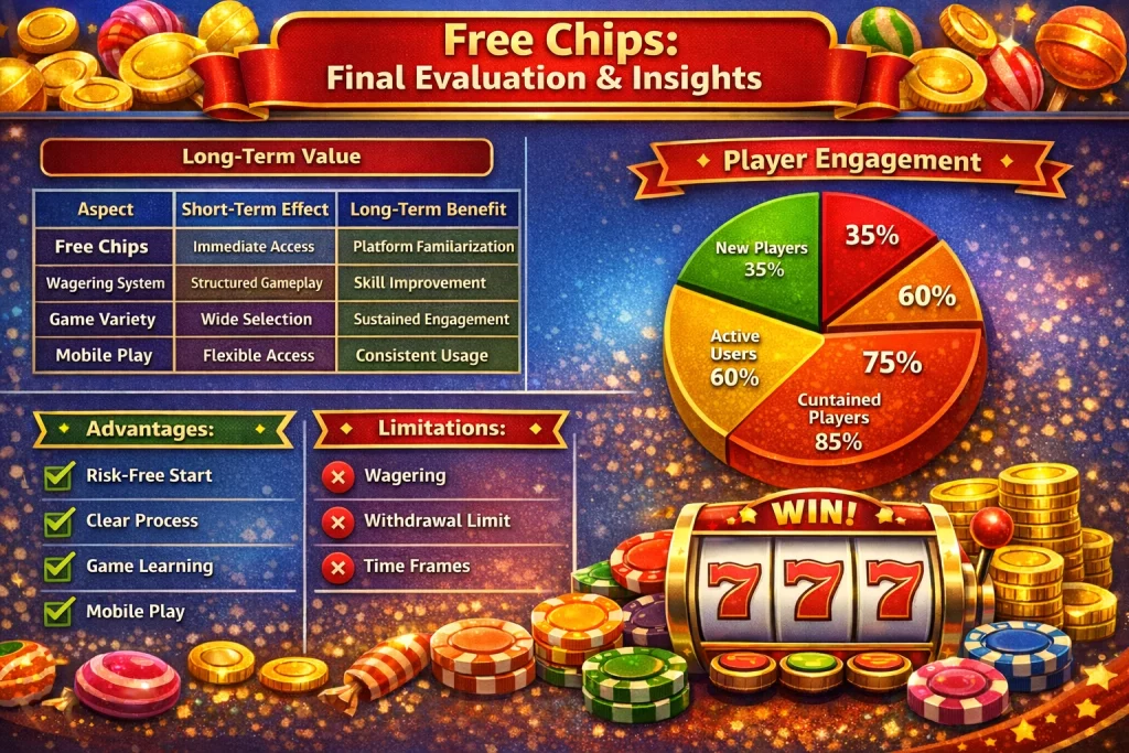 Free Chips final evaluation infographic with casino elements, charts, and table showing advantages, limitations, and player engagement statistics