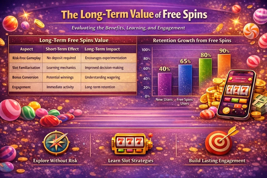 Horizontal casino infographic about free spins showing long-term value, retention growth chart, slot machine, coins, and mobile gameplay in a purple and gold design
