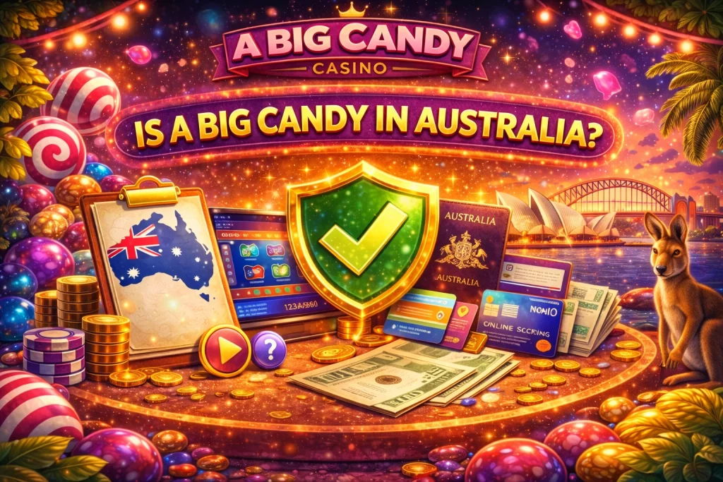 A Big Candy Casino Australia banner with kangaroo, Sydney Opera House, casino chips, candy themed design and glowing security shield