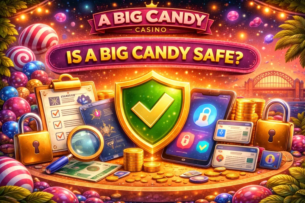 A Big Candy Casino safety banner with security shield, locks, ID verification icons and colorful candy themed casino background