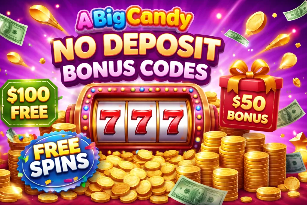 A Big Candy no deposit bonus codes banner with slot machine, gold coins, free spins, and $50 bonus offer in a colorful casino-style design