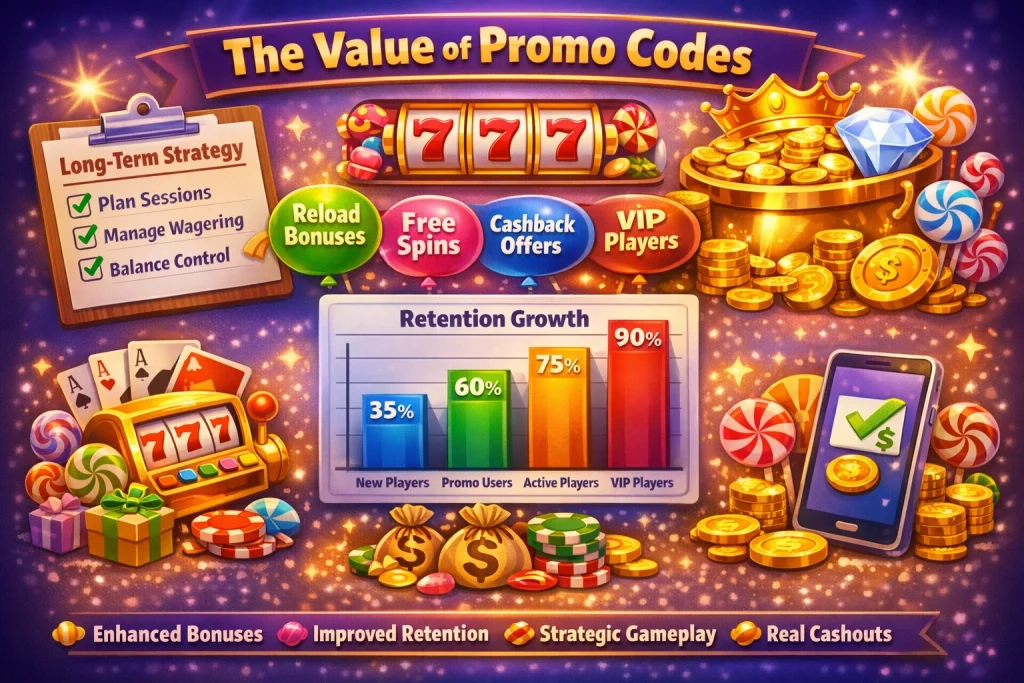 Promo codes casino infographic showing bonus activation, wagering strategy, cashback benefits, retention chart, and slot gameplay elements in a gold-themed design