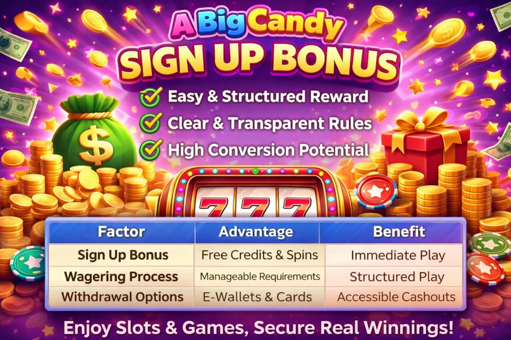 A Big Candy sign up bonus banner with slot machine, gold coins, checklist benefits, and welcome offer details in a colorful casino-style design