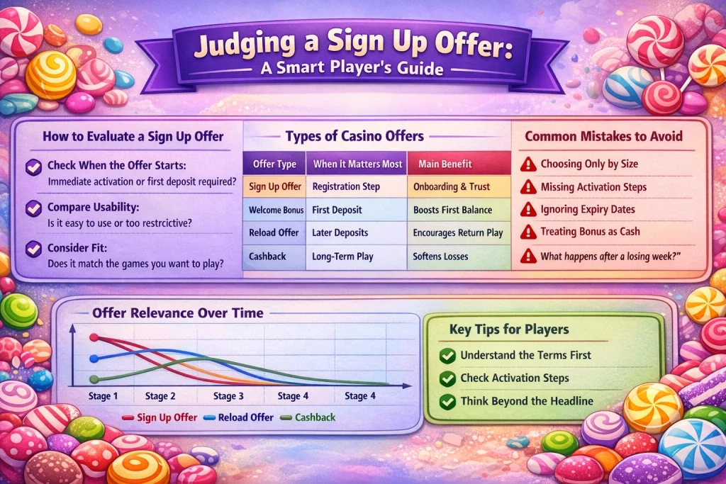 Horizontal A Big Candy Casino sign up offer infographic with candy-themed design, colorful icons, charts, and player tips for evaluating casino promotions.