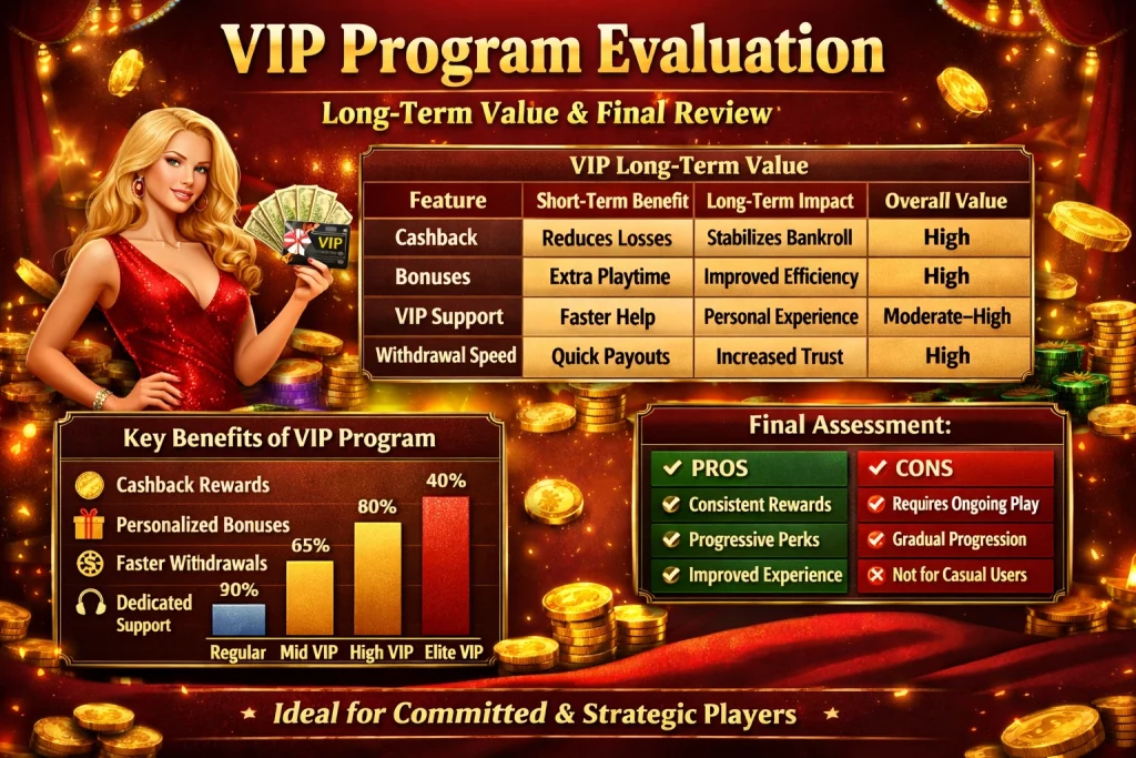 VIP Program Evaluation banner showing long-term value, cashback rewards, personalised bonuses, withdrawal benefits, and VIP tiers in a gold casino-themed design