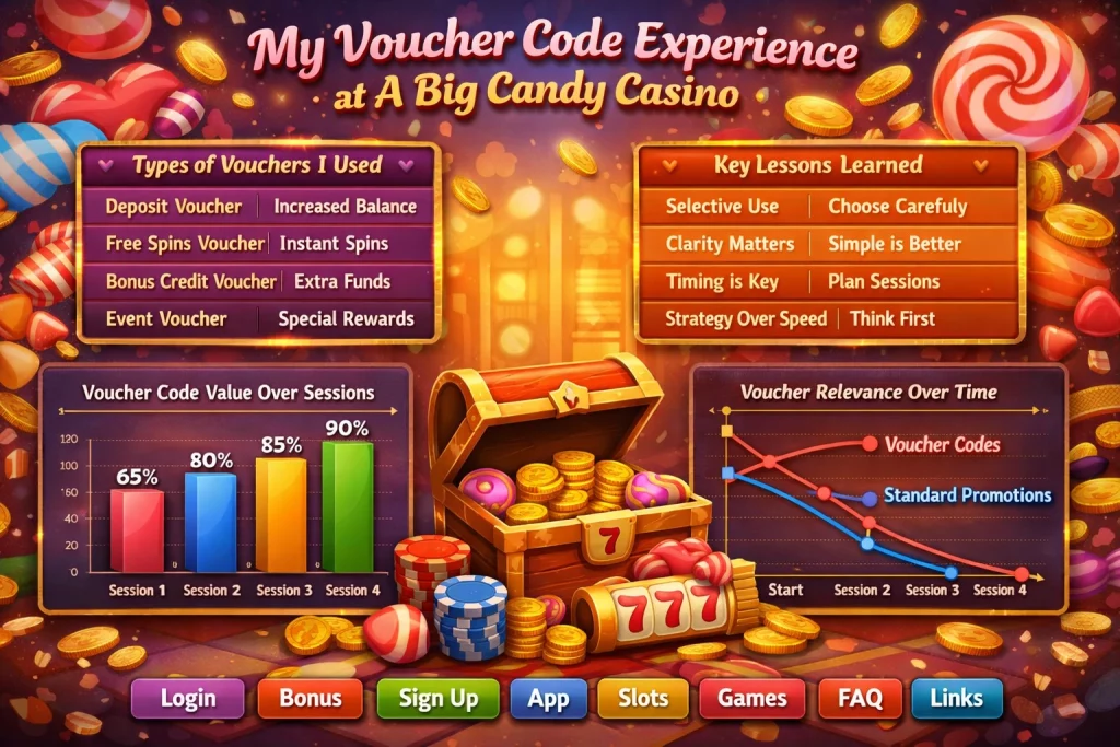 Horizontal A Big Candy Casino voucher code infographic showing promo types, value charts, and player tips with colorful candy-themed casino design and bonus elements.