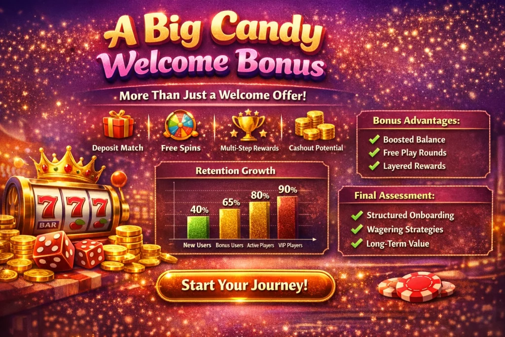 A Big Candy Welcome Bonus banner with slot machine 777, gold coins, crown, free spins, deposit match offer, and retention chart in a vibrant casino-style design