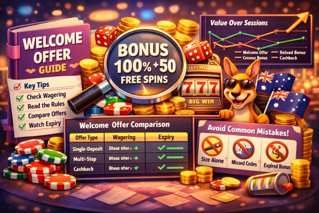 A Big Candy Casino welcome offer banner with Australian-themed casino visuals, gold coins, slot elements, and a colorful horizontal promotion design.