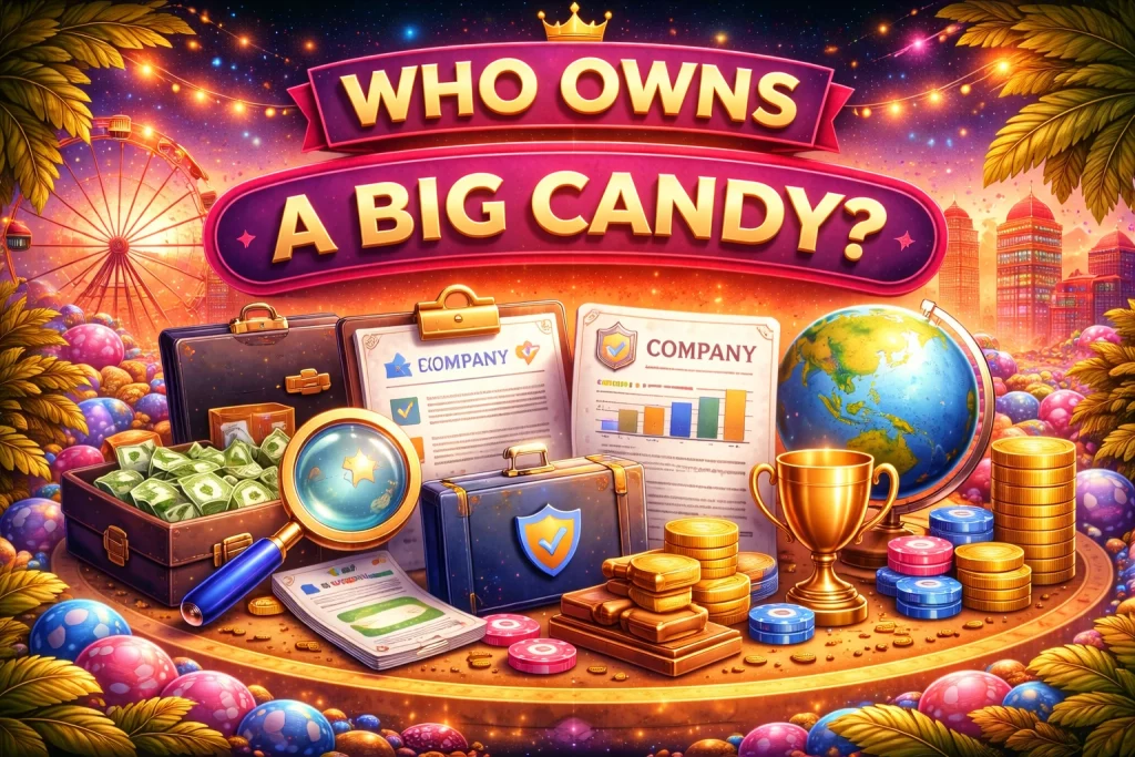 Who Owns A Big Candy casino banner with documents, globe, gold coins and casino themed background illustrating company ownership