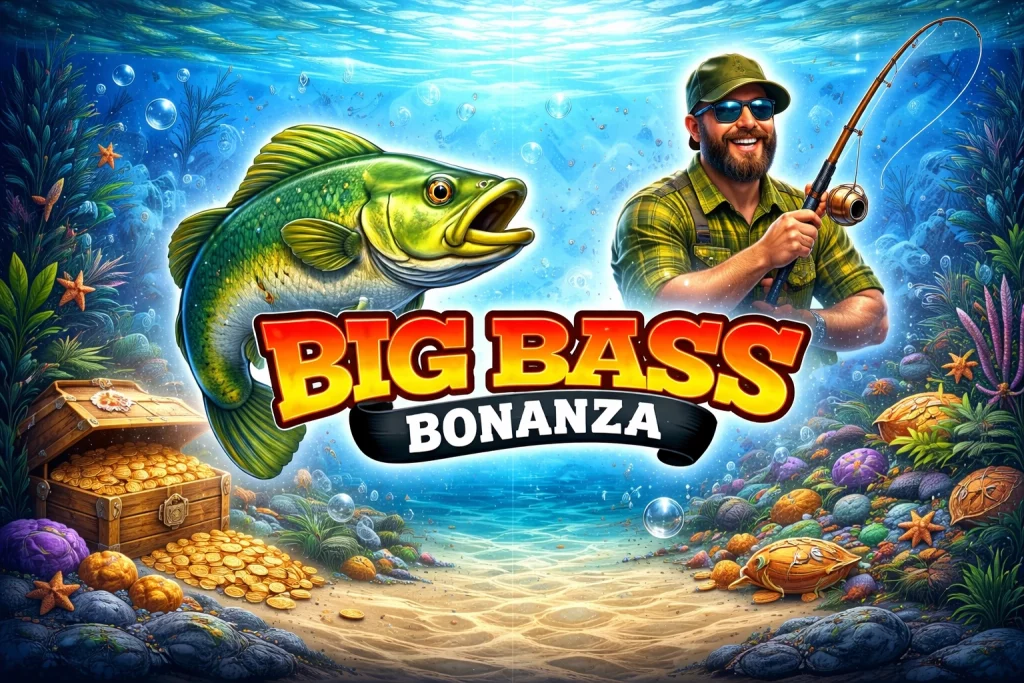 алтHorizontal Big Bass Bonanza slot banner featuring underwater fishing scene, large bass fish, smiling fisherman with rod, treasure chest with gold coins, colorful aquatic background, and free spins fishing bonus gameplay theme